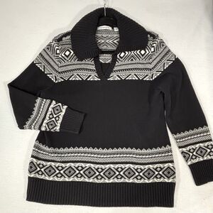 LIZ CLAIBORNE Women’s XL Sweater Black Nordic V Neck Fair Isle 100% Cotton